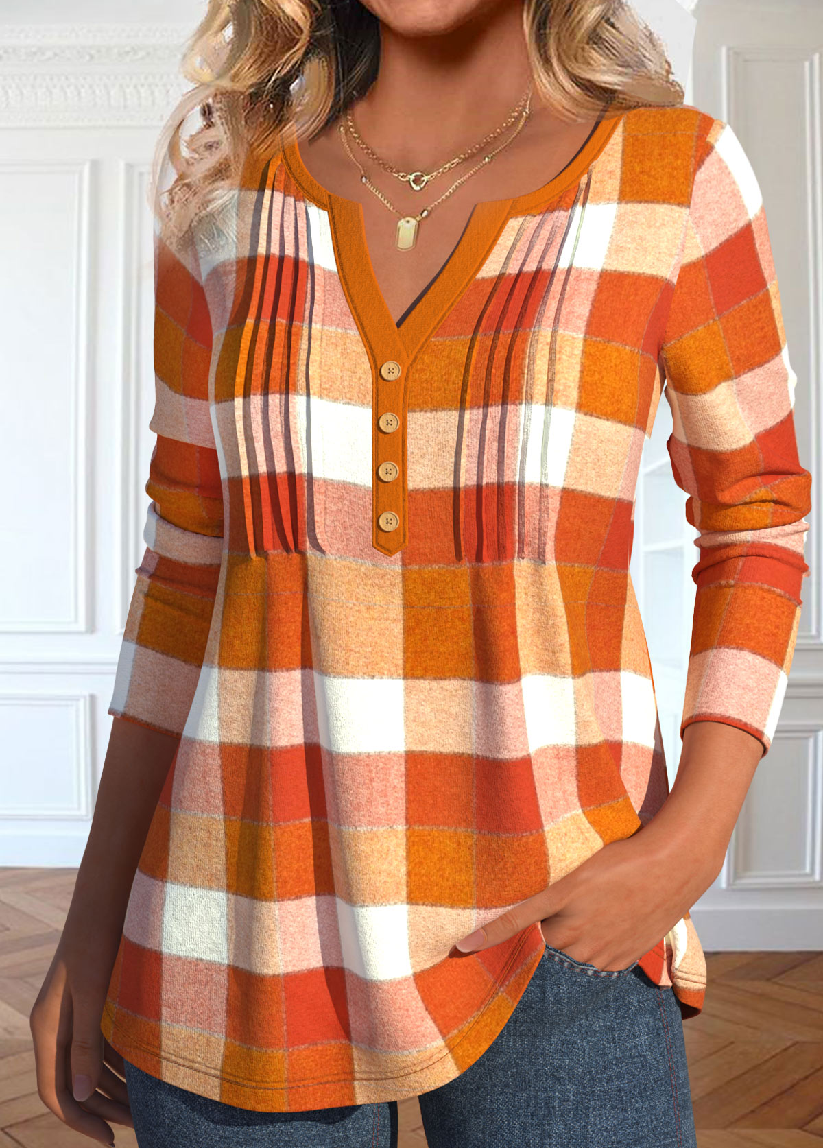 Orange tops,Plaid tops,ROTITA Tuck Stitch Plaid Orange Split Neck T Shirt
