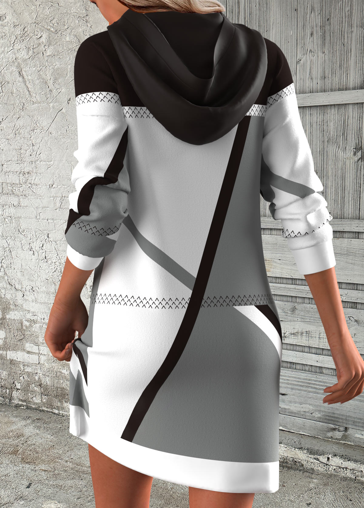 Black dresses,White dresses,Geometric dresses,Striped dresses,Everyday dresses,Casual dresses,ROTITA Breathable Geometric Print Black Short Long Sleeve Hoodie Dress