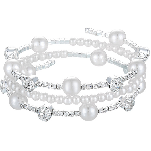 Silver jewelry,Other jewelry,Pearl Beads Detail Rhinestone Silver Bracelet