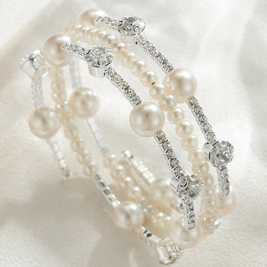Silver jewelry,Other jewelry,Pearl Beads Detail Rhinestone Silver Bracelet