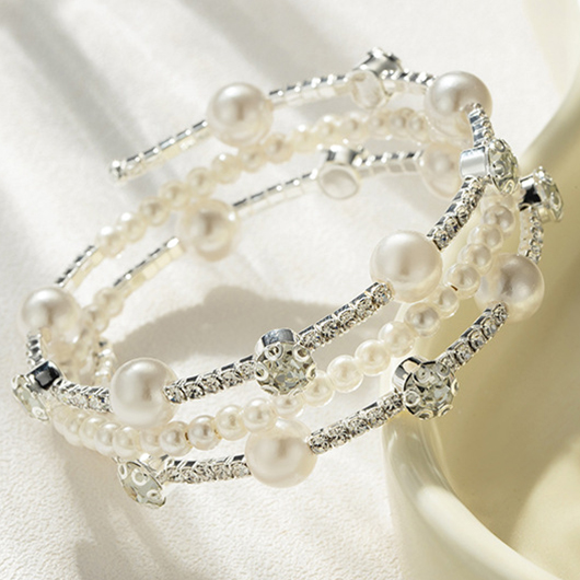 Silver jewelry,Other jewelry,Pearl Beads Detail Rhinestone Silver Bracelet