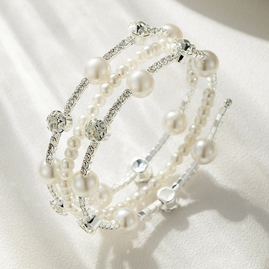 Silver jewelry,Other jewelry,Pearl Beads Detail Rhinestone Silver Bracelet
