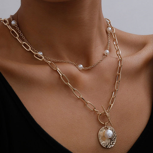 Golden jewelry,Alloy Detail Pearl Two Piece Gold Necklace