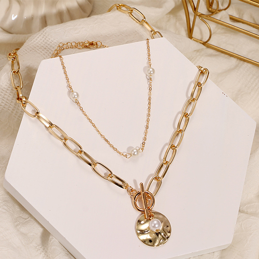 Golden jewelry,Alloy Detail Pearl Two Piece Gold Necklace
