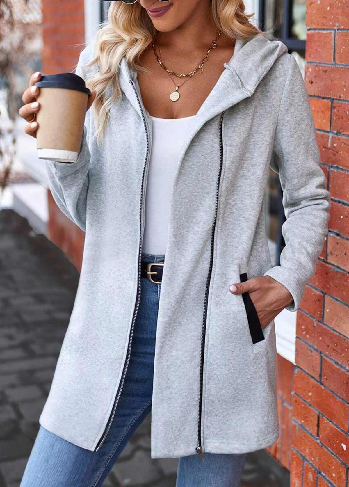Light Grey tops,Plaid tops,ROTITA Zipper Plaid Light Grey Turn Down Collar Sweatshirt