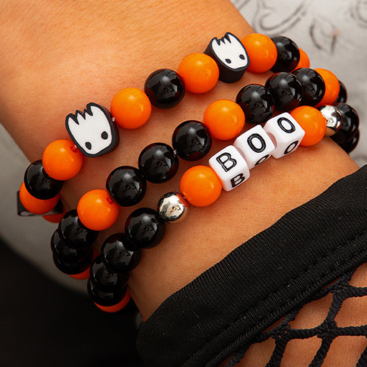 Orange jewelry,Geometric jewelry,Halloween Orange Beaded Ghost Bracelet Set