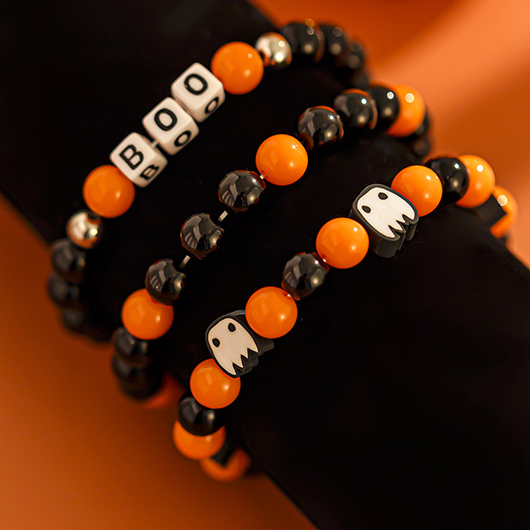 Orange jewelry,Geometric jewelry,Halloween Orange Beaded Ghost Bracelet Set
