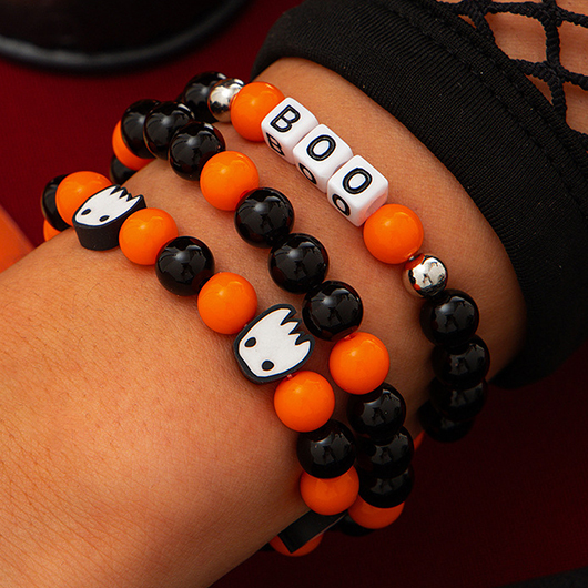 Orange jewelry,Geometric jewelry,Halloween Orange Beaded Ghost Bracelet Set