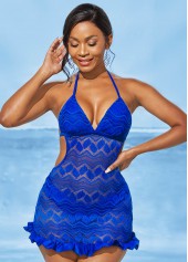 Royal Blue swimwear,Plain Color swimwear,ROTITA Solid Lace Stitching Halter Swimdress and Panty