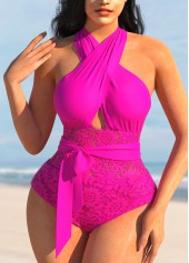 Hot Pink swimwear,Plain Color swimwear,ROTITA Lace Stitching Cross Halter Rose Red One Piece Swimwear