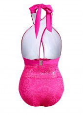 Hot Pink swimwear,Plain Color swimwear,ROTITA Lace Stitching Cross Halter Rose Red One Piece Swimwear