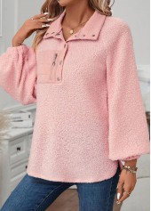 Light Pink tops,Plain Color tops,ROTITA Jacquard Light Pink Turn Down Collar Long Sleeve Sweatshirt