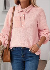 Light Pink tops,Plain Color tops,ROTITA Jacquard Light Pink Turn Down Collar Long Sleeve Sweatshirt