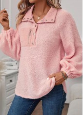 Light Pink tops,Plain Color tops,ROTITA Jacquard Light Pink Turn Down Collar Long Sleeve Sweatshirt