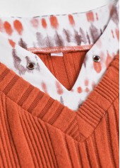 Orange tops,Tie Dye tops,ROTITA Patchwork Tie Dye Print Orange Split Neck T Shirt