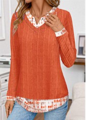 Orange tops,Tie Dye tops,ROTITA Patchwork Tie Dye Print Orange Split Neck T Shirt