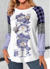 Light Purple plus size,White plus size,Christmas plus size,Plaid plus size,Striped plus size,Geometric plus size,ROTITA Plus Size Patchwork Light Purple Snowman Print T Shirt