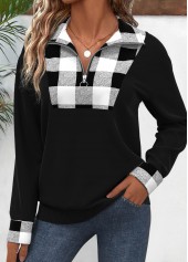 Black plus size,Plaid plus size,Striped plus size,Geometric plus size,ROTITA Plus Size Patchwork Black Plaid Turn Down Collar Sweatshirt