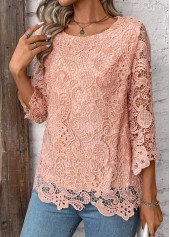 Light Pink tops,Plain Color tops,ROTITA Lace Light Pink Round Neck 3/4 Sleeve T Shirt