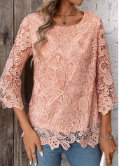 Light Pink tops,Plain Color tops,ROTITA Lace Light Pink Round Neck 3/4 Sleeve T Shirt