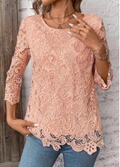 T-shirt à col rond et manches 3/4 en dentelle rose clair Rotita