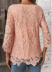 Light Pink tops,Plain Color tops,ROTITA Lace Light Pink Round Neck 3/4 Sleeve T Shirt