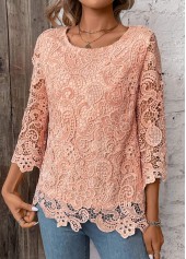 Light Pink tops,Plain Color tops,ROTITA Lace Light Pink Round Neck 3/4 Sleeve T Shirt