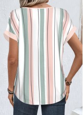 White tops,Pink tops,Striped tops,Geometric tops,ROTITA Zipper Striped White Round Neck Short Sleeve Blouse