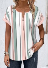 White tops,Pink tops,Striped tops,Geometric tops,ROTITA Zipper Striped White Round Neck Short Sleeve Blouse