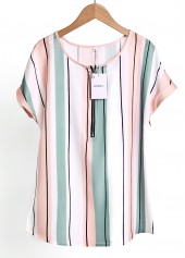 White tops,Pink tops,Striped tops,Geometric tops,ROTITA Zipper Striped White Round Neck Short Sleeve Blouse
