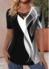 Rotita Criss-Cross-T-Shirt mit geometrischem Print in Schwarz mit V-Ausschnitt