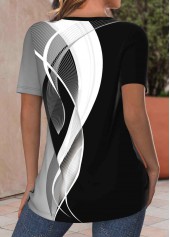 Black tops,Grey tops,Geometric tops,Striped tops,Ombre tops,ROTITA Criss Cross Geometric Print Black V Neck T Shirt