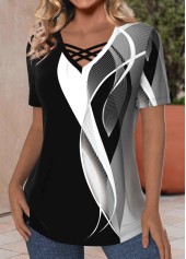 Black tops,Grey tops,Geometric tops,Striped tops,Ombre tops,ROTITA Criss Cross Geometric Print Black V Neck T Shirt