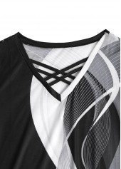 Black tops,Grey tops,Geometric tops,Striped tops,Ombre tops,ROTITA Criss Cross Geometric Print Black V Neck T Shirt
