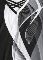 Black tops,Grey tops,Geometric tops,Striped tops,Ombre tops,ROTITA Criss Cross Geometric Print Black V Neck T Shirt