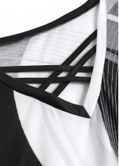 Black tops,Grey tops,Geometric tops,Striped tops,Ombre tops,ROTITA Criss Cross Geometric Print Black V Neck T Shirt