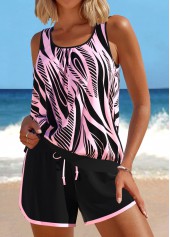 Pink swimwear,Geometric swimwear,ROTITA Patchwork Pink Geometric Print Tankini Set