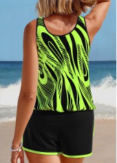 Neon Green swimwear,Geometric swimwear,ROTITA Patchwork Neon Green Geometric Print Tankini Set