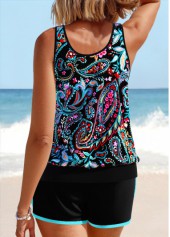 Black swimwear,Paisley swimwear,ROTITA Contrast Binding Black Paisley Print Tankini Set