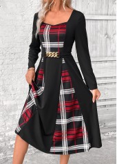 Black dresses,Plaid dresses,Geometric dresses,Everyday dresses,Casual dresses,ROTITA Patchwork Plaid Black Belted Square Neck Long Sleeve Dress