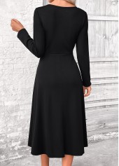 Black dresses,Plaid dresses,Geometric dresses,Everyday dresses,Casual dresses,ROTITA Patchwork Plaid Black Belted Square Neck Long Sleeve Dress