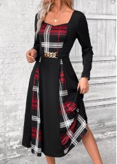 Black dresses,Plaid dresses,Geometric dresses,Everyday dresses,Casual dresses,ROTITA Patchwork Plaid Black Belted Square Neck Long Sleeve Dress