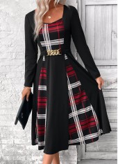 Black dresses,Plaid dresses,Geometric dresses,Everyday dresses,Casual dresses,ROTITA Patchwork Plaid Black Belted Square Neck Long Sleeve Dress
