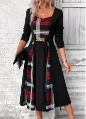 Black dresses,Plaid dresses,Geometric dresses,Everyday dresses,Casual dresses,ROTITA Patchwork Plaid Black Belted Square Neck Long Sleeve Dress