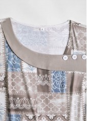 Dusty Blue tops,Geometric tops,Tribal tops,ROTITA Patchwork Geometric Print Light Coffee Asymmetrical Neck T Shirt