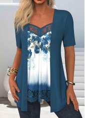 Peacock Blue tops,Floral tops,Plants tops,ROTITA Lace Floral Print Peacock Blue Fake Two Piece Twinset