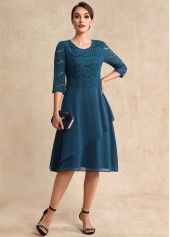 Peacock Blue dresses,Plain Color dresses,Party dresses,Elegant dresses,ROTITA Lace Peacock Blue Round Neck 3/4 Sleeve Dress