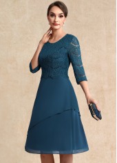 Peacock Blue dresses,Plain Color dresses,Party dresses,Elegant dresses,ROTITA Lace Peacock Blue Round Neck 3/4 Sleeve Dress