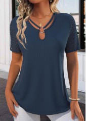 ROTITA Plus Size Lace Navy Tie Collar T Shirt