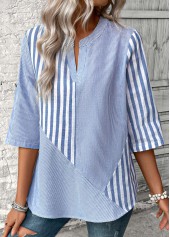 Dusty Blue tops,Striped tops,Geometric tops,ROTITA Split Striped Dusty Blue 3/4 Sleeve Blouse